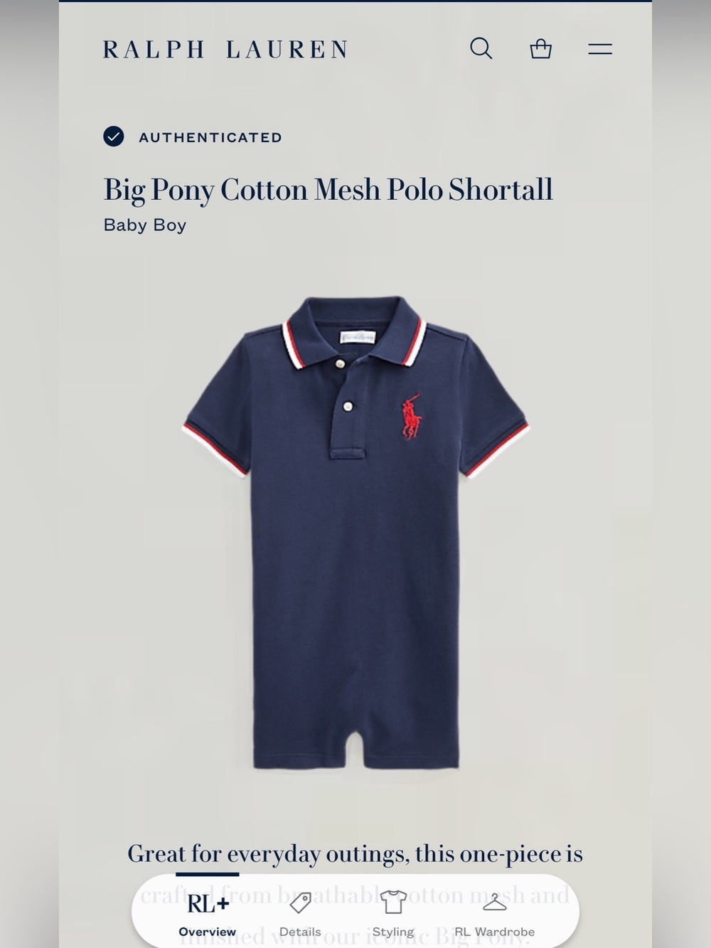 Ralph Lauren Navy Polo Shortall with Red Pony & White/Red Trim-12 months